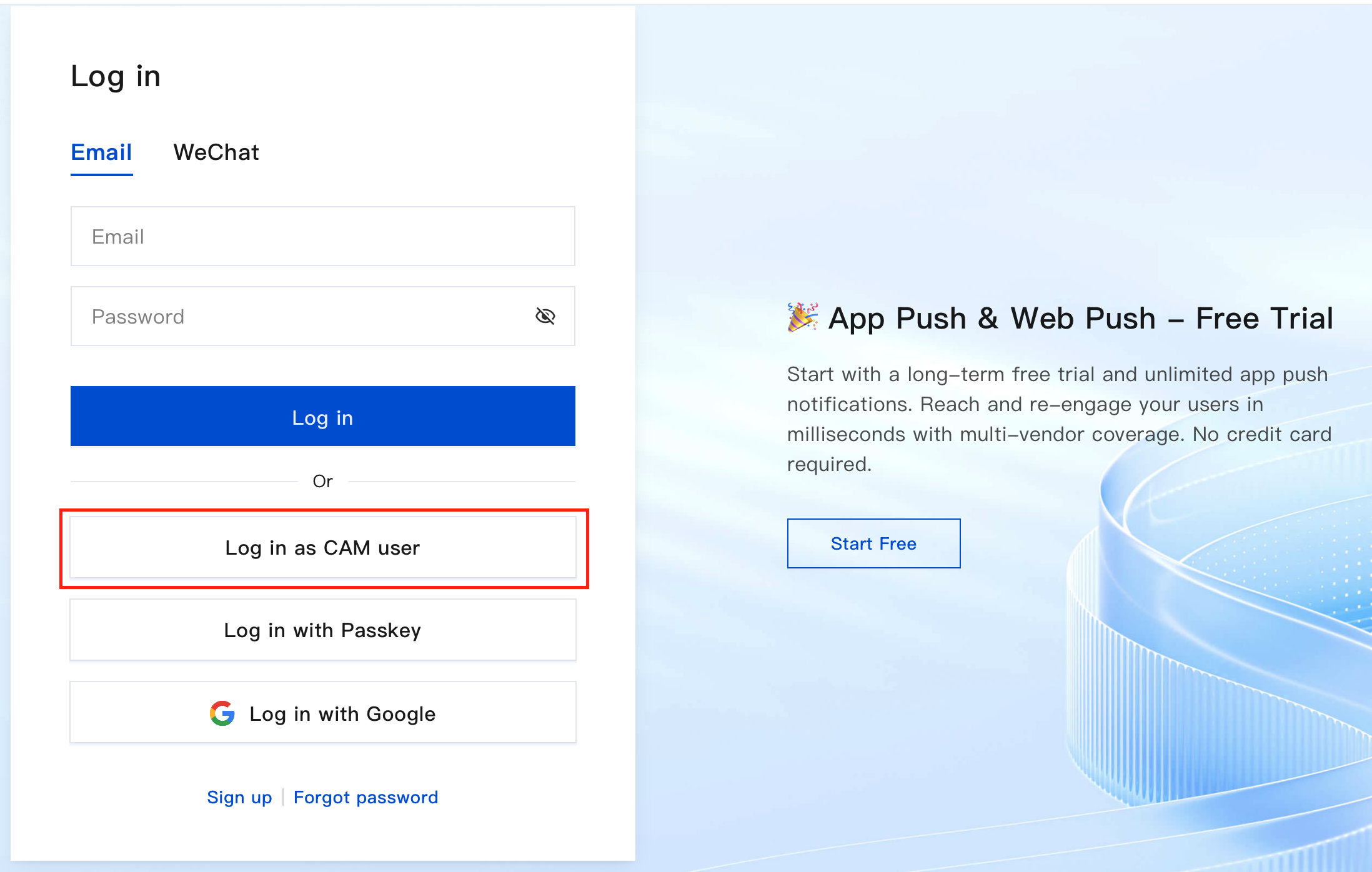 (Tencent Cloud 웹사이트)(https://www.tencentcloud.com)에 접속하여 로그인합니다. 만약 다른 루트 계정을 통해 서브 계정을 발급 받은 아이디의 경우 CAM User로 로그인 하기를 클릭해주세요. 화면