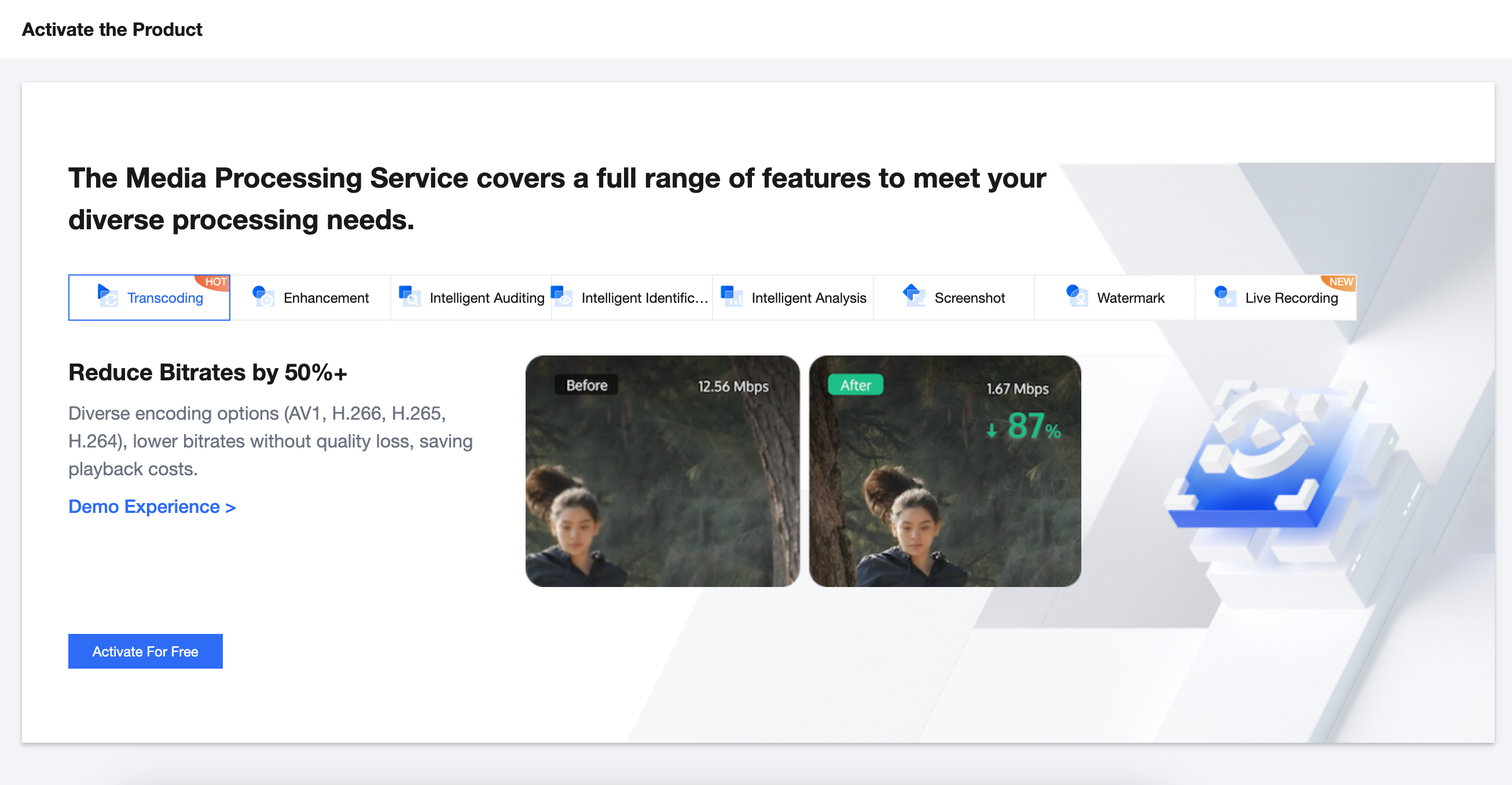 Tencent Cloud 공식 웹사이트에 로그인 하고, (MPS 서비스 페이지)(https://www.tencentcloud.com/products/mps?from_qcintl=topnav)에 접속하여 Get Started를 눌러 콘솔에 들어가 서비스를 활성화 하세요. 화면