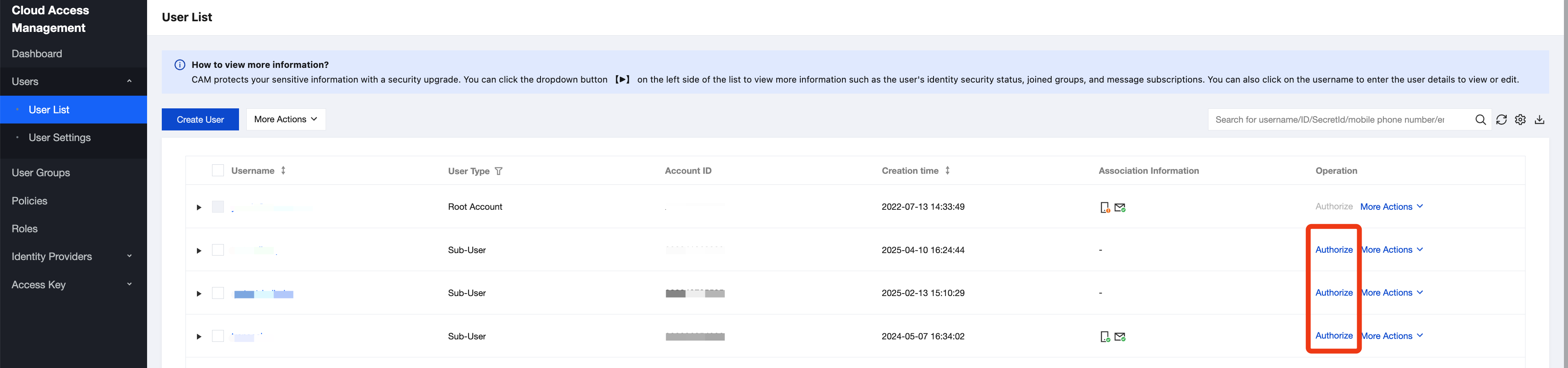 루트 계정 아래의 Cloud Access Management로 이동한 후, 사용자 목록에서 MPS를 사용해야하는 서브 계정을 찾아 "Authorize"를 클릭하세요. 화면
