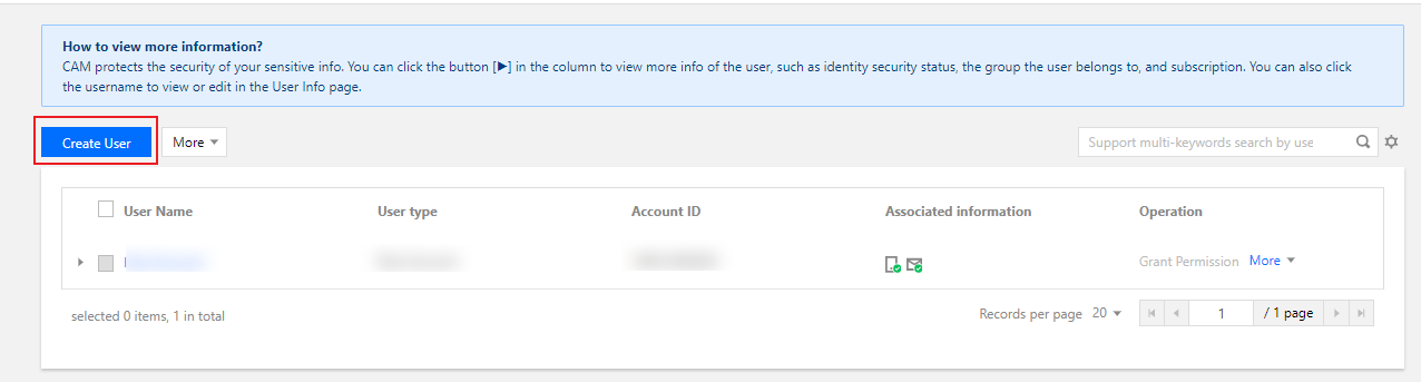 CAM Console에서 루트 계정으로 User List 페이지에 접속한 후, Create User를 클릭하세요. 화면