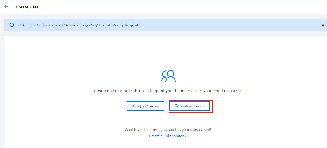 Create User 페이지에서 Custom Creation을 선택하세요. 화면