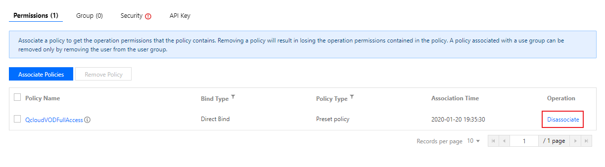 User Detail 페이지에서 Permission 항목 버튼을 클릭하고 프리셋 정책 QcloudVODFullAccess를 찾아 정책 연결(Associate/Authorize)을 실행합니다. `Disassociate`는 권한 해제이므로 선택하지 않습니다. 화면